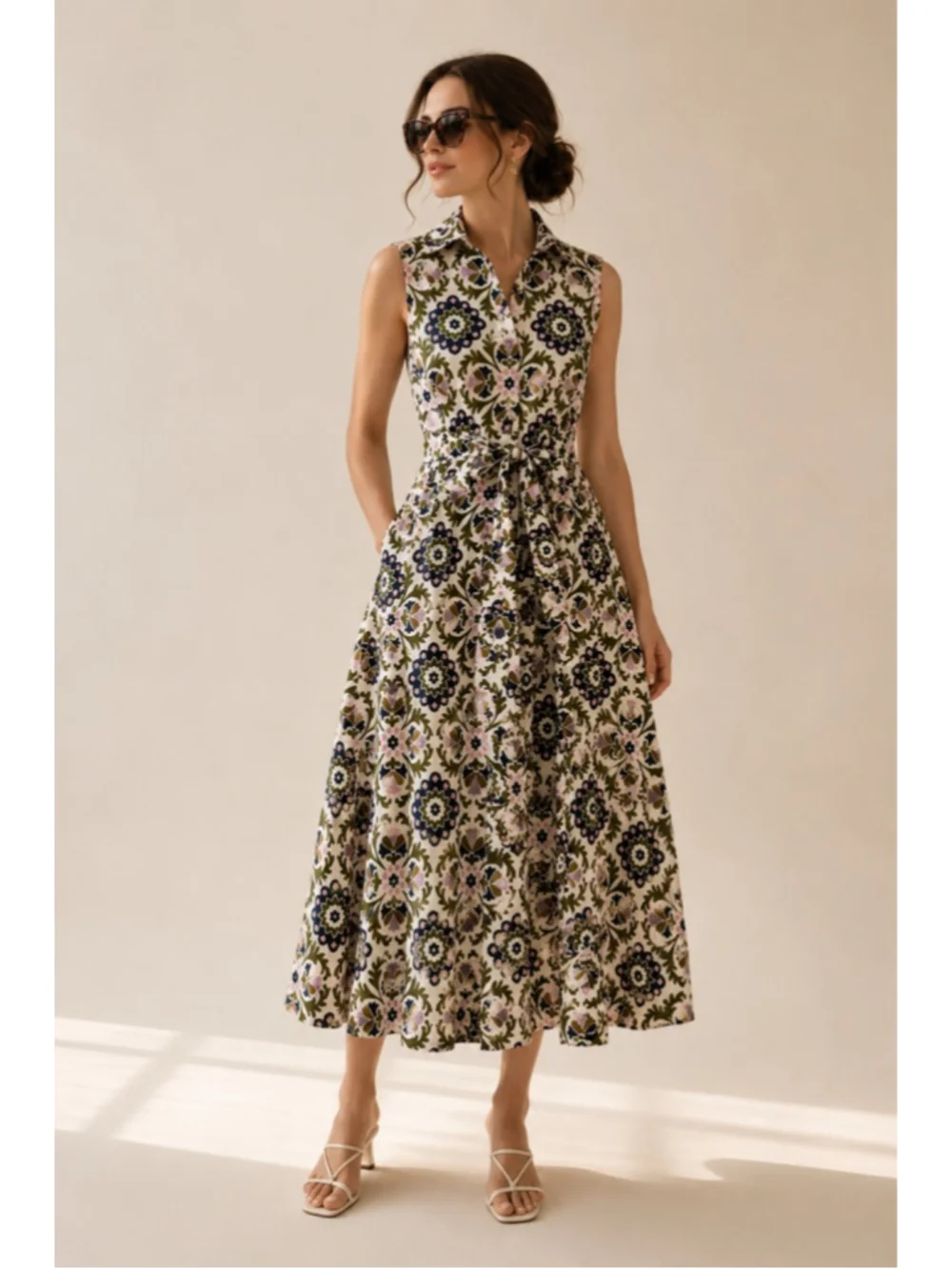 Boden Riviera Sleeveless Shirt Dress Medallion Floral Print Midi 0P NWT